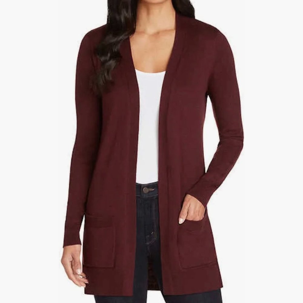 NWT  Matty M Women's Ribbed Accents Cardigan Sweater With Pockets, Merlot